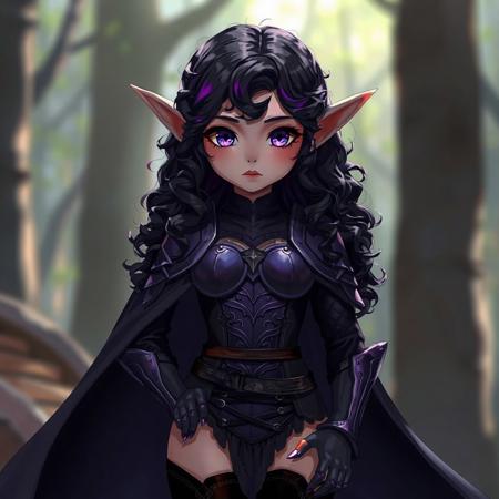 1girl, fantasy elf, long fantasy elven ears, natural lighting, realistic style, round cheek bones, full lips, small mouth, small nose, round face, black velvet boots laced with leather straps, petite, ((very thin waist:1.5)), body shaped like hourglass, long curled black hair with purple highlights, purple eyes, pupils showing, zoomed out, full view, a sexy purple elven metal armor,( long black cloak:1.1), (anime:1.1),