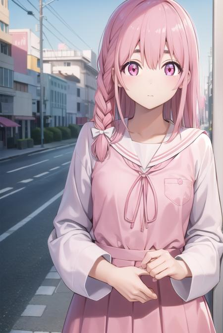 sumisakurasawa, <lora:sumisakurasawapopochichi-lora-nochekaiser:1>,
sumi sakurasawa, bangs, (pink eyes:1.5), hair between eyes, pink hair, braid, hair bow, thick eyebrows,
BREAK skirt, shirt, long sleeves, bow, ribbon, school uniform, white shirt, serafuku, sailor collar, red ribbon, neck ribbon, red skirt, white sailor collar,
BREAK outdoors, city,
BREAK looking at viewer, (cowboy shot:1.5),
BREAK <lyco:GoodHands-beta2:1>, (masterpiece:1.2), best quality, high resolution, unity 8k wallpaper, (illustration:0.8), (beautiful detailed eyes:1.6), extremely detailed face, perfect lighting, extremely detailed CG, (perfect hands, perfect anatomy),