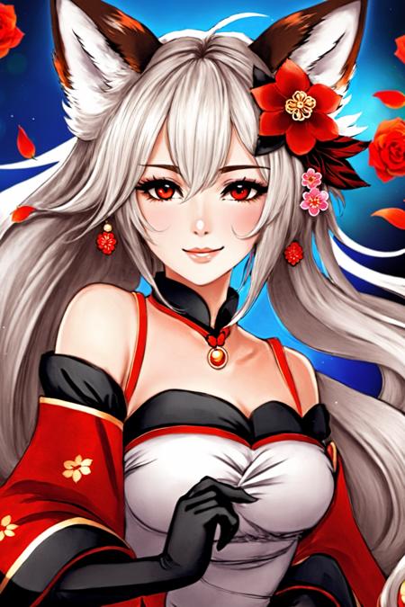 Enigma_Kitsune,  1girl,  solo,  long hair,  looking at viewer,  smile,  hair ornament,  red eyes,  gloves,  long sleeves,  dress,  holding,  animal ears,  medium breasts,  very long hair,  tail,  flower,  white hair,  grey hair,  parted lips,  black gloves,  puffy sleeves,  hair flower,  black dress,  collar,  from side,  animal ear fluff,  looking to the side,  petals,  fox ears,  makeup,  fox tail,  facial mark,  juliet sleeves,  black background,  red flower,  fox girl,  multiple tails,  eyeshadow,  red rose,  forehead mark,  holding flower,  sideways glance,  black kimono,  falling petals,  kitsune,  red eyeshadow,  red eyeliner,  official art,  specular highlights, <lora:EMS-20996-EMS:0.800000>