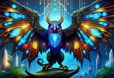 hyper detailed masterpiece, dynamic realistic digital art, awesome quality, DonMMy51ic4lXL fusion of mothman,kinkajou,griffin <lora:DonMMy51ic4lXL-000006:0.8>