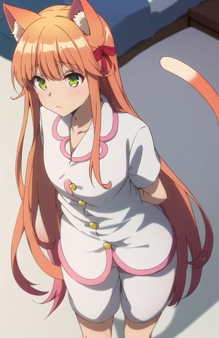 <lora:kanade-v1:0.7>,(kanade,animal_ear_fluff,cat_ears,brown_hair,cat_girl,green_eyes,very_long_hair,cat_tail,:1.2), (off-shoulder_shirt,bare_shoulders,puffy_short_sleeves,red_bow,yellow_shirt,white_skirt,belt,:1.2), (pajamas,:1.2),