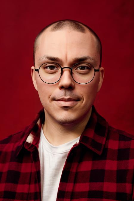 anthony fantano, handsome man in front of clean plain (red:0.8) background, one model, studio portrait, medium close-up, detailed skin, pores, goosebumps, scaled skin, sony alpha, advertising photography, bright high-key lighting, professional headshot, (red flannel:1), smirk, thin perfectly round circular glasses <lora:diffusiondudes_AnthonyFantano_V1-12:0.8>