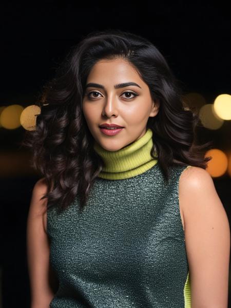 full body photo of Aishwarya Lekshmi woman, solo, curls hair cut, serious look, looking at the camera,  Lime sleeveless turtleneck, night time, contrasting background bokeh,   <lora:Aishwarya_Lekshmi_SDXL_LoRA_prodigy_local_xformers_HNE:1>