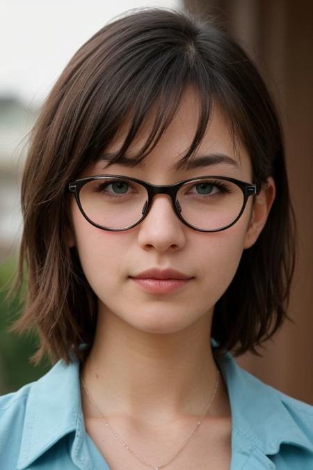Best quality, ultra high res, (photorealistic:1.4), solo, deep shadow, beautiful face, small nose, green eyes, glasses, shoulder length hair, collar bone, small neck, blush, shy expression, perky breasts,