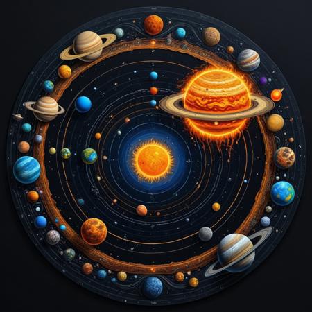 Finely detailed vector illustration, solar system,  ultra realistic quality,circle symbols, dark gradient background, oil painting, hyperdetailed, intricately detailed,  triadic colors,fantastical,intricate detail,splash screen,complementary colors, fantasy concept art, 8k resolution, masterpiece,oil painting,heavy strokes,paint dripping.