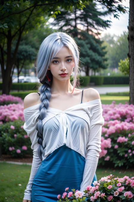 <lora:ShenHe_TongRen:0.8>, shenhe_genshin,1girl, (white hair, long hair), blue eyes,(hair ornament),(braided ponytail) white short shirt, long sleeves, off shoulder, blue long dress, standing, looking at viewer, (smile:0.8), upper body, (cowboy shot,realistic, photorealistic), (masterpiece, best quality, high quality), (colorful),(delicate eyes and face), volumatic light, ray tracing, extremely detailed CG unity 8k wallpaper, outdoors, park, ((flowers)), lawn,