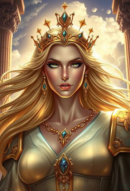 A goddess with a haughty expression, perfect symmetrical features, cold gaze, slight smirk. Flowing golden or silver hair, adorned with a delicate crown. Luxurious glowing robes with celestial patterns. Background: grand temple or sky with clouds. Dramatic lighting, fantasy art style, highly detailed