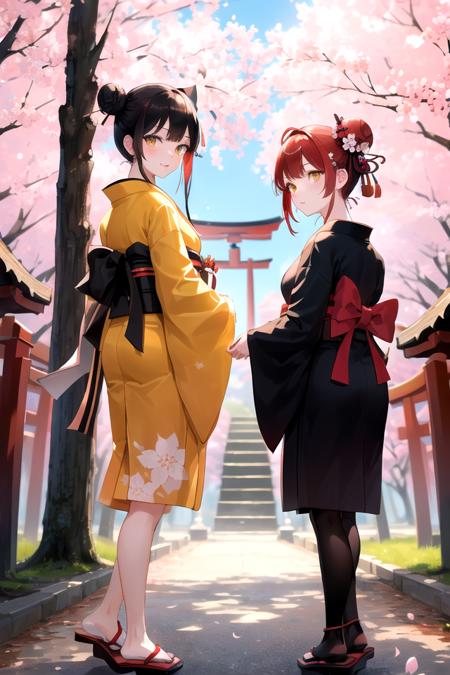 ((masterpiece,best quality)),2girls, black kimono, black legwear, black ribbon, black hair, cherry blossoms, day, flower, hair bun, hair ribbon, japanese clothes, kimono, long hair, looking at viewer, looking back, multiple girls, obi, outdoors, red eyes, red hair, ribbon, sandals, single hair bun, stairs, standing, statue, torii, tree, white kimono, yellow eyes