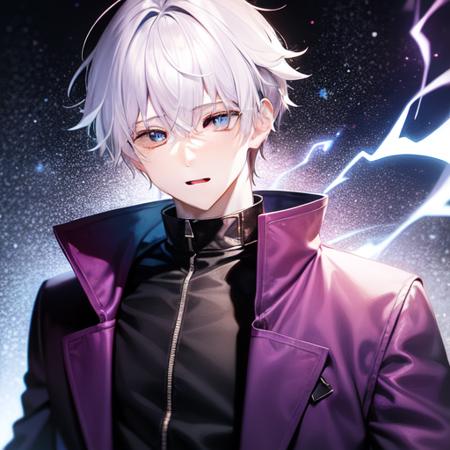 1boy, aura, biribiri, black_background, blue_eyes, blue_fire, blurry, cigarette, coat, crystal, electricity, energy, glowing, glowing_eye, hair_between_eyes, high_collar, holding, holding_cigarette, lightning, long_sleeves, looking_at_viewer, magic, male_focus, purple_coat, simple_background, solo, upper_body, white_hair