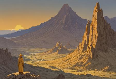 <lora:Moebius_Diffusion.safetensors:1.0>, A dramatic mountain range with jagged peaks and a distant ancient temple glowing with amber light, a shadowy tall figure with a large hat standing near the peak, grey and glowing gold, the glowing temple peaks, in the style of Jean Giraud, in the style of Moebius,