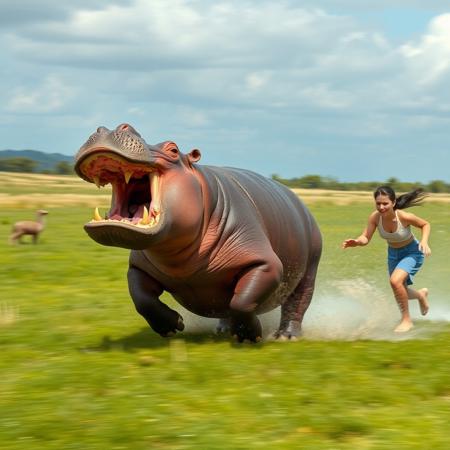 an angry hippopotamus chasing a person who is terrified