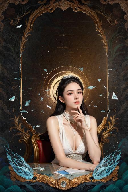 1girl,sitting_on_chair,elegant posture,(broken glass:1.3),mirror,elegant,intricate,highly detailed,(upper_body:1.2),digital photography,<lora:Lws mural_20231112121239:0.6>,Ho-Oh,