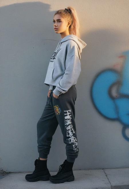 fashion photography, side view, golden hour lighting,
pale 20yo woman leaning on wall, looking into the distance, standing, one one leg drawn, wearing loose pants and loose cropped hoodie, wearing boots, layered muted colorful hair, midriff, graffiti,TWbabeXL01