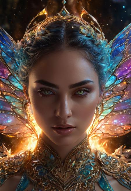 Fantasy celestial entity, whole body view, surrealism, alcohol ink, double exposure, godly aura, energy body, perfect face, glowing eyes, alluring, holografic colours, orbs of magic, fairy wings, outer space, 8k, UHD, masterpiece, hight resolution, delicate detail, hyper realistic, highly detailed, perfect composition, gorgeous, beautiful, detailed, insanely detailed, octane render, trending on artstation, 8k artistic photography, photorealistic, concept art, soft, natural, volumetric, cinematic, natural light, sf, intricate artwork