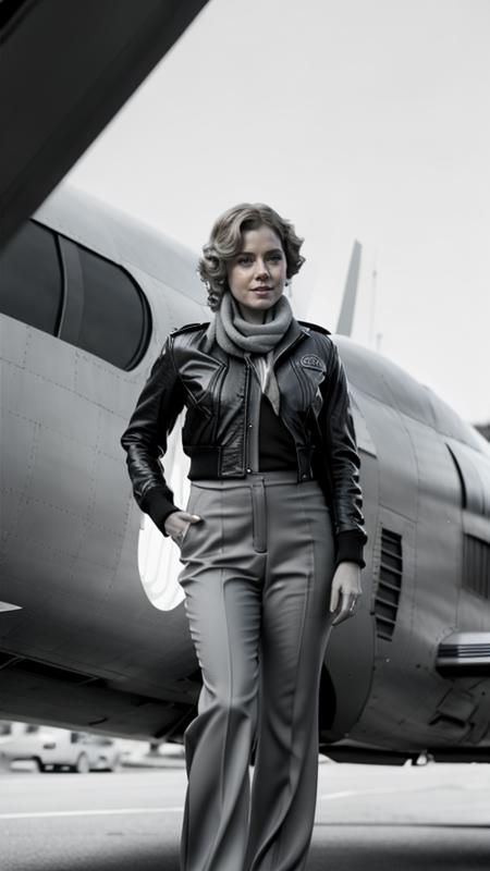 Hollywood, Promotional, amyAdams2, Short loosely curled hair, 1930's aviator, Neckerchief, Khaki Helena Riding Tights, bomber jacket, 8k, highly detailed, photography, 35 mm, realistic, depth of field, photorealistic, fine texture, volumetric lighting, detailed skin texture, subsurface scattering, dry skin, fuzzy skin,