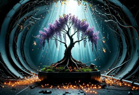 musky tunnel, dirty, some rock, dark, ray of light, a very artistic wisteria bonsai , silver Roots, silver Trunk, silver Branches, reflection, [autumn leaves:crystal shards], (fireflies),
masterpiece,  amazing quality, very aesthetic, hdr, light particles, very detailed, 8k, ambient occlusion, blurry foreground, branches in foreground, depth of field,  high resolution, dappled light, (lens flare),  dutch angle, spot color, fixl-art, RetroBG,pcb_style, pipes, intricate details, scenery