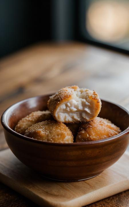 cinematic film still ((best quality)), ((masterpiece)), (detailed), 8K, close-up of a perfectly golden chicken nugget, crispy texture, steam rising, appetizing, on a rustic wooden table, soft natural lighting, shallow depth of field, (mouth-watering:1.3), (culinary photography:1.2), food styling by Donna Hay, shot with a 50mm lens, f1.8
 . shallow depth of field, vignette, highly detailed, high budget, bokeh, cinemascope, moody, epic, gorgeous, film grain, grainy