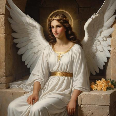 Painting Gorgeous beautiful pretty guardian angel guarding Jesus christ buried tomb