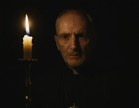 A flickering candle in a brass holder, held by an old priest in a very dark room. The only light in the room coming from the single candle's warm light. The camera captures the delicate reflections of light on his face. ultra-detailed face, 8k resolution, dramatic film lighting <lora:add-detail-xl:1>   <lora:zavy-cntrst-sdxl:1>