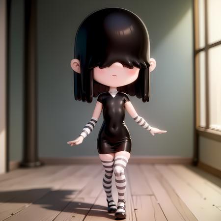 ((masterpiece, best quality)),(complex light), 1girl ,solo, full body, lucy loud, <lora:lucy_loud1-10:0.8>   , hair over eyes,  black dress, striped pantyhose, walking, chibi,