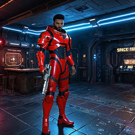sfw,best quality,masterpiece,anireal,1boy,solo, a man wearing a red full body space suit and holding a futuristic laser gun stands in the middle of a cyberpunk saloon