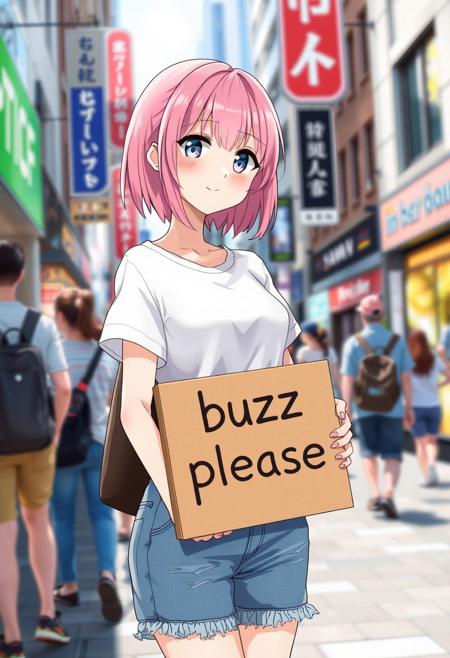 anime girl with short pink hair wearing a white t-shirt and denim shorts holding a cardboard sign that says 'buzz please', standing in a busy city street with bustling people around