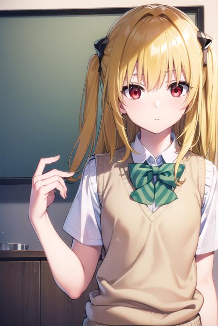 toloveruyami, <lyco:toloveruyami-lyco-nochekaiser:1>, 
yami, (yellow hair:1.5), long hair, (red eyes:1.5), (hair ornament:1.2), two side up, (small chest:1.2), 
BREAK school uniform, shirt, white shirt, bow, (green bow:1.5), skirt, (green skirt:1.2), pleated skirt, short skirt, sweater, (light brown sweater vest:1.5), short sleeves,
BREAK indoors, classroom,
BREAK looking at viewer, (cowboy shot:1.5),
BREAK <lyco:GoodHands-beta2:1>, (masterpiece:1.2), best quality, high resolution, unity 8k wallpaper, (illustration:0.8), (beautiful detailed eyes:1.6), extremely detailed face, perfect lighting, extremely detailed CG, (perfect hands, perfect anatomy),