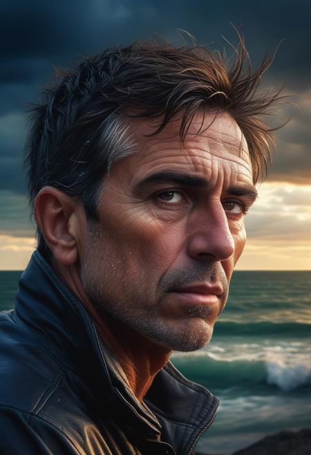 UHD 32k, A blend of Rob Hefferan and Juan Francisco Casas Ruiz: "A photorealistic portrait of a man with a weathered face, gazing out to sea. The background is a stormy sky with dark clouds and crashing waves. The focus is on the man's contemplative expression and the intricate details of his face and clothing."
