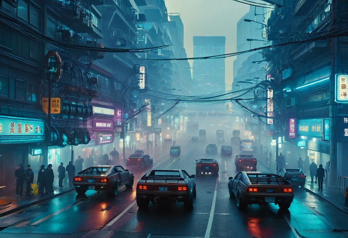 C7b3rp0nkStyle, ((CyberPunk City)), (masterpiece),(high quality), best quality, real,(realistic), super detailed, (full detail), scenery, smog:1.3, thick brown fog, people with masks, road, colorful cars, outdoors, day, building, scenery, city, sign, lamppost, neon lights, glass wall, hologram,