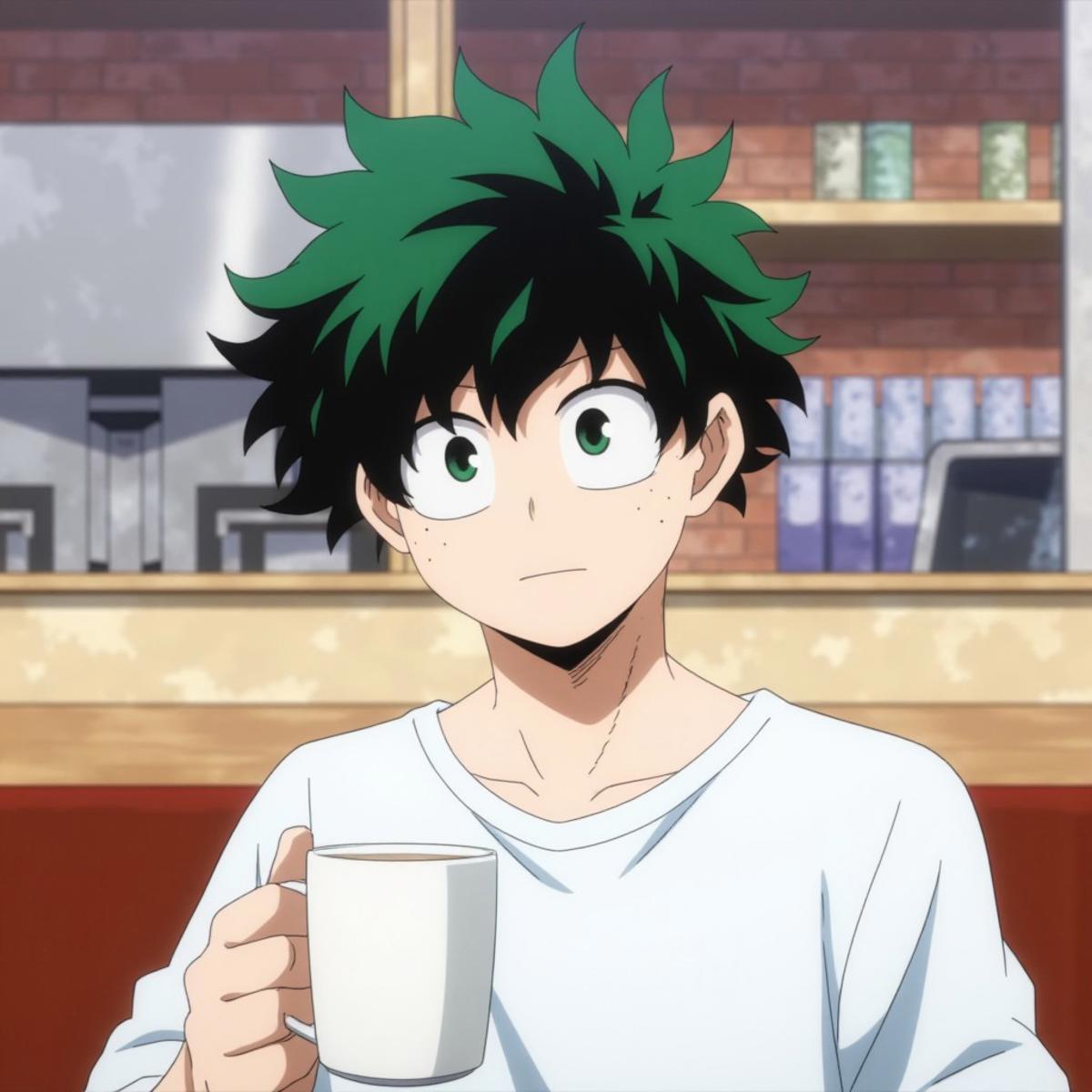 a young man with green hair and green eyes, izuku_midoriya, he is sitting inside a restaurant holding a coffee in his hand. He is wearing a white shirt. He is smiling and looking at the viewer.