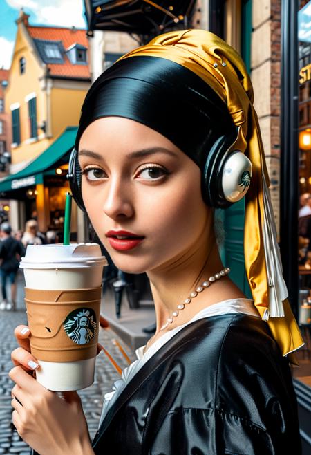 view from side,(masterpiece), (best quality),(Johannes Vermeer painting Girl with a Pearl Earring), wearing black (headphone), holding 1 Starbucks latte,city street, with a cool expression,cyberpunk style <lora:add-detail-xl:1> <lora:xl_more_art-full_v1:0.4>