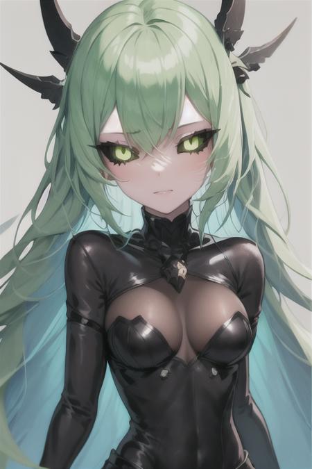 masterpiece, best quality, 1girl, black sclera, colored sclera, detailed eyes, green eyes, simple background, blue hair, dynamic pose, upper body <lora:black_sclera:1>