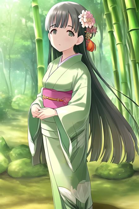 Kobayakawa Sae, 1girl, bamboo, bamboo forest, black hair, blunt bangs, blunt ends, floral print, flower, forest, full body, green kimono, hair flower, hair ornament, hair tucking, japanese clothes, kimono, long hair, looking at viewer, nature, outdoors, photo background, print kimono, solo, straight hair, wide sleeves
<lora:deresute-v1.2:1>