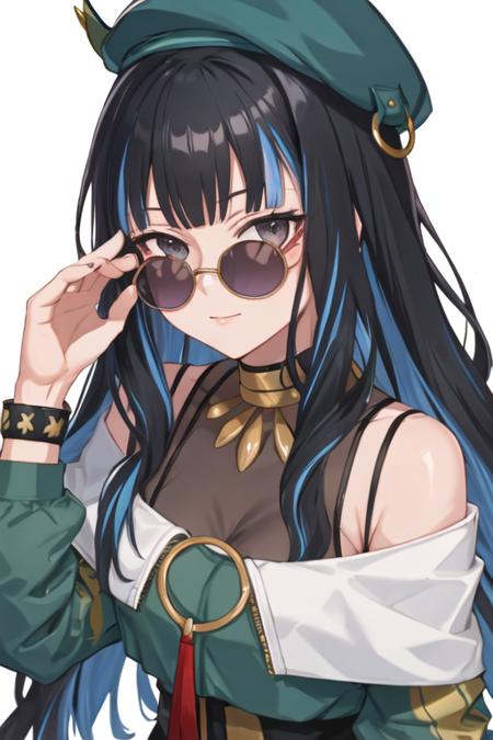 best quality, masterpiece, highres, solo, {tlaloc_fgo:1.15}, bangs, black_hair, blue_hair, multicolored_hair, long_hair, hat, breasts, jewelry, sunglasses, streaked_hair, black_eyes, 1girl, bare_shoulders, beret, closed_mouth, looking_at_viewer, simple_background, eyewear_on_head, green_headwear, white_background, blunt_bangs, shirt, blush, long_sleeves, off_shoulder, upper_body, round_eyewear, two-tone_hair