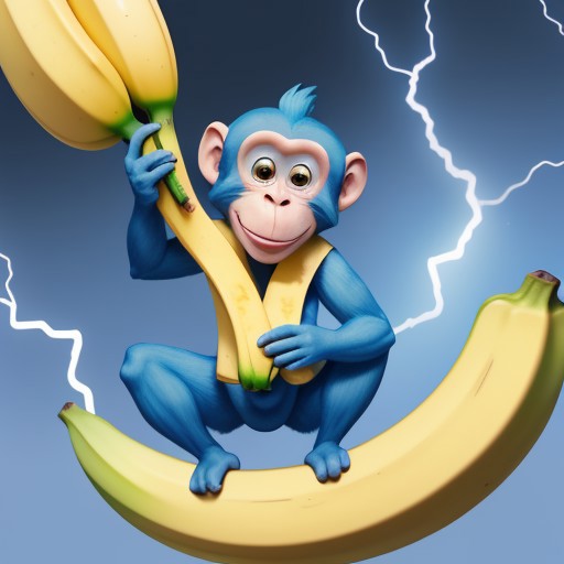 cartoon, A blue greedy monkey holding a yellow lightning shaped banana
