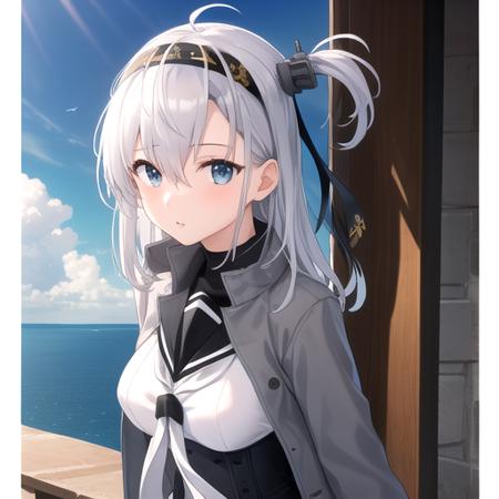 ((masterpiece)),(best quality),official art,extremely detailed CG,unity 8k wallpaper,ultra detailed,A lighthouse on a cliff by the sea,1girl,solo,upper body,(portrait:1.2),clothes_writing,long_hair,sailor_collar,hachimaki,one_side_up,white_skirt,pleated_skirt,black_headband,white_necktie,grey_jacket,black_sailor_collar,white_bodysuit,knee_boots,miniskirt,grey_hair,school_uniform,serafuku,white_hair,gloves,hair_between_eyes,jacket_on_shoulders,medium_breasts,corset,white_pantyhose,grey_footwear,<lora:Suzutsuki(kan)>,