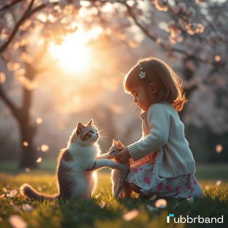 (masterpiece:1.4), (best quality:1.3), niji katayama style, cinematic composition, rule of thirds, emotional storytelling, (a mother cat gently placing her kitten at the feet of a sweet little girl), the girl kneels in surprise and warmth, sunlight filtering through sakura trees, glowing petals drifting in the air, soft breeze, dreamy lighting, backlight with gentle rim glow, painterly outlines, (pastel tones, warm colors), depth of field, detailed fur and fabric, the girl wears a soft cardigan and a floral dress, grassy field, heartwarming scene, high aesthetic value