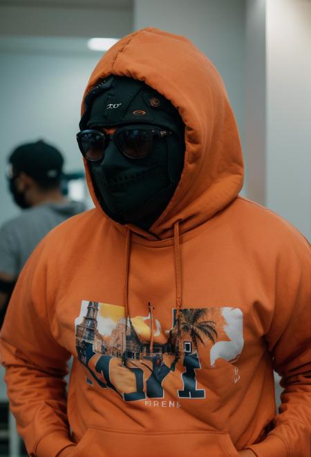 <lora:kekrav1:0.9> 1boy, blurry, hood, kekra, male focus, mask, orange hoodie, realistic, shirt, solo, sunglasses, upper body