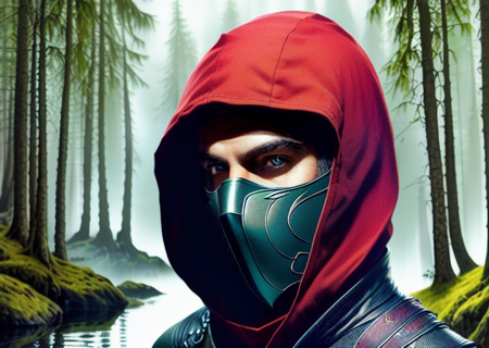 a Rogue walking in a forest, outdoors,lac in the background, roguemask ,(ligth mask),water,masterpiece,1guy, sharp, ultra detailed, 8k,(high detailed face:1.2),(high detailed hand:1.2),(high detailed skin:1.2),  <lora:RogueMask:1>