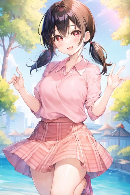 1girl, minamoto_shizuka, black hair, bangs, short twintails,pink shirt,pink skirt, smile, forest <lora:minamoto_shizuka:0.6>