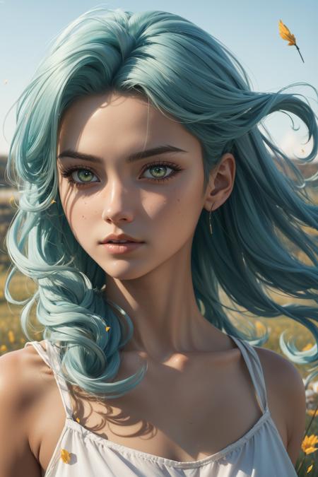 (masterpiece:1.1), (highest quality:1.1), (HDR:1.0), extreme quality, cg, (anime wallpaper), stylized, detailed face+eyes, (colorful), (powerful colors:1.4), photo of a girl, (tan skin), fashionable, light dust, petals, ,, movies, varied depth of field, medium hair, fluffy hair, green hair, masterpiece, 8k, tone mapping, hyper focus, yellow, platinum eyes, (upper body:0.8), natural body, limited palette, (detailed hair:1.13), (medium breasts), (prairie aesthetic:1.3), (epic anime drawing:0.7), (white outlines), (creative background), (creative), hard lighting, (gremlin girl), solo, clarity, (aggressive:0.8)