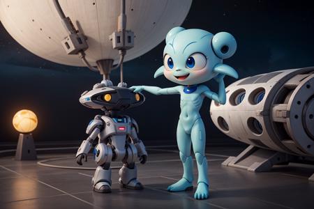 cute alien standing next to a spaceship