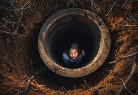 Create an image of a girl trapped in an abandoned vertical tube well, aerial view, dry land, dry trees, light rain, a landscape, dark clouds, her fear, confusion, sunset, dim overhead light, hyper realistic nature.