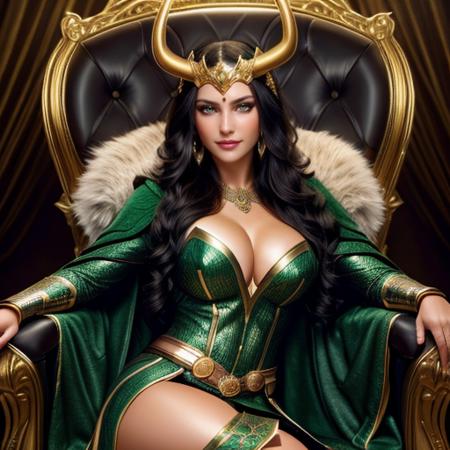 a woman sitting on a golden throne imbued with green magic <lora:LadyLokiLora:0.5> 1girl, long hair, black hair, green eyes, large breasts, horns, cleavage, helmet, realistic, heavy dark eye makeup, jewelry, cape, beautiful eyes, beautiful girl, high detail skin, high detail eyes, high detail hair, highres, ultra detailed:1.2, horny smile, detailed pores, imperfect skin:1.2, detailed reflective shiny skin, diffused skin pores,sharpen picture, Highly detailed, masterpiece, best quality, photorealistic,