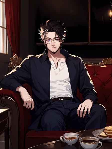 masterpiece,best quality,highres,cinematic lighting,dramatic angle,<lora:ShadowverseBelphomet:0.8>,1man,black hair,glasses, heterochromia,blue eyes,red eyes,(mask:1.2),one eye covered,white shirt,sitting on sofa,tired,looking at viewer,matured