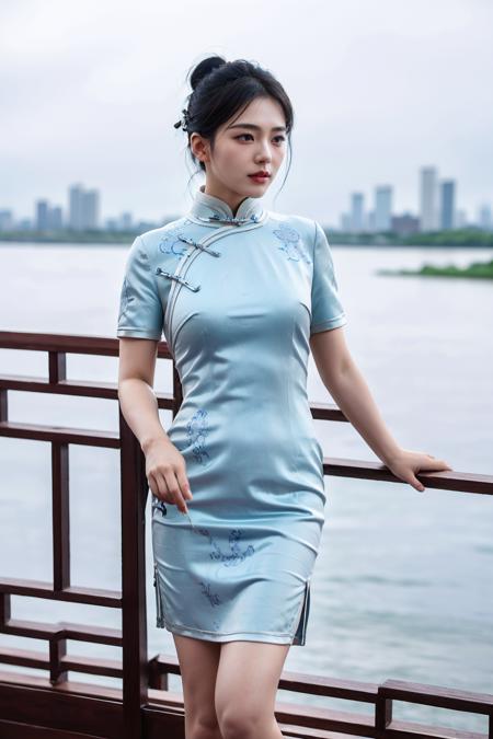 1 girl, full body, high quality face, high detailed face skin, outdoor,looking_at_viewer,hair bun,side_blunt_bangs,china_dress,chinese_style,big breasts,pose,solo,black hair,black eyes,(rain: 1.3)