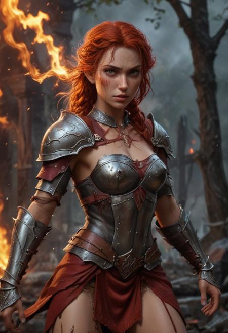 High resolution ultra-realistic of Beautiful Warrior Elf girl, 8k, capturing the intensity of the moment, cinematic lighting, standing on a bloody and stormy battlefield in bloody battle, wavy red hair, realistic dirty pale face, realistic dark brown eyes,  beautiful hourglass figure, burning in a medieval Town, intricately designed iron and silver armor, red mini skirt, LOTR Aesthetic, perfect athletic figure, beautiful Warrior elf girl, fire, ultra realistic, cinematic style, vigorous and seductive, athletic figure, dark fantasy, dramatic lighting, wet and sweaty skin, dirty skin, athletic figure, dark fantasy, dramatic lighting, Greg Rutkowski style,, Warrior Elf girl on in iron armor, hyper-detailed, hyper-realistic, bright colours, Attractive 21 old years girl, Attractive, beautiful firm Breasts, sharp focus, digital painting, Photograph Taken on Nikon D750, Alphonse Mucha, 8K, athletic figure, Hyperdetailed, hyperrealism, Attractive, Attractive bust girl, asymmetric balance