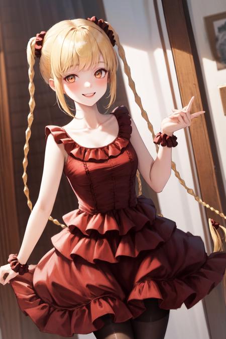 masterpiece, best quality, highres, 1girl karino shuka blonde hair twin braids, red scrunchie collarbone red dress sleeveless frilled dress pantyhose <lora:karino_shuka:1> hand on hip, smile