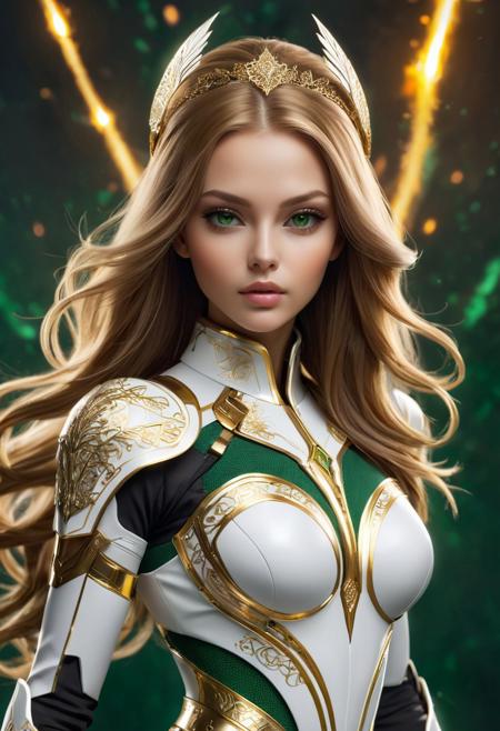 masterpiece, best quality, absurdres, digital art, 3d render, 3d graphics,  <lora:sssx:0.7>, light-skinned russian woman, full lips, long hair, light brown hair, green eyes, confidently looks at the viewer. 
A stunning image showcases a young woman in an elaborate, futuristic outfit that combines elements of armor and high fashion. Her suit is predominantly white with intricate silver and gold patterns, featuring bold yellow accents that add a vibrant contrast. The outfit is form-fitting, highlighting her figure, and includes detailed, ornamental designs that suggest both elegance and strength. She wears a unique headpiece with white and gold elements, complementing her hair styled in a high ponytail.
The background is dynamic and intense, with a smoky atmosphere and colorful sparks or embers flying through the air, hinting at a dramatic, action-packed setting. Her expression is calm and composed, exuding confidence and determination as she strides forward, making her presence both commanding and captivating.