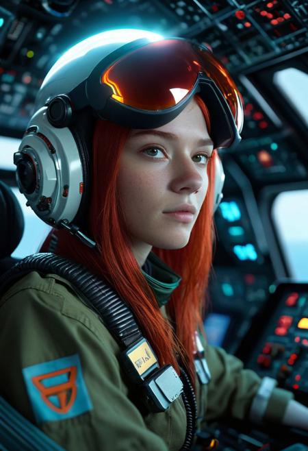 concept art, cinema, young female, futuristic, fighter pilot, cinematic, movie still, hyperdetailed photography, saturn, HUD, far future, electronics, bright colors, long red hair, visor,(((sitting in cockpit))), realistic, photo